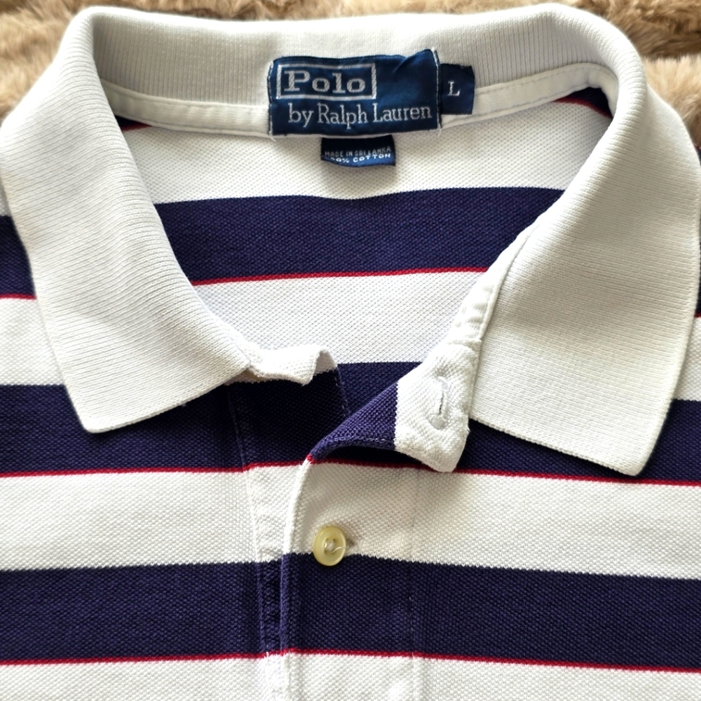 Vintage Ralph Lauren Polo Shirt Mens Size L Preppy Navy White Striped Red Pony
